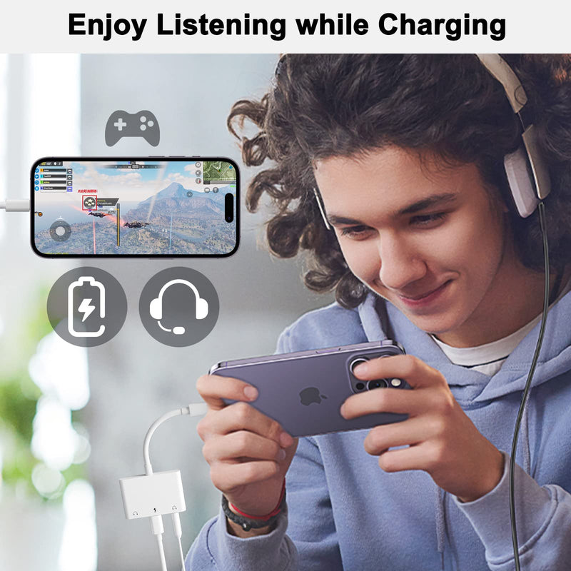 3 in 1 Dual 3.5mm Headphone Jack Adapter - Earphone Jack Audio and Charging Adapter - Headphone Splitter for iPhone 14/13/ 12/11/ X/ 8/ iPad -Support iOS 13- White