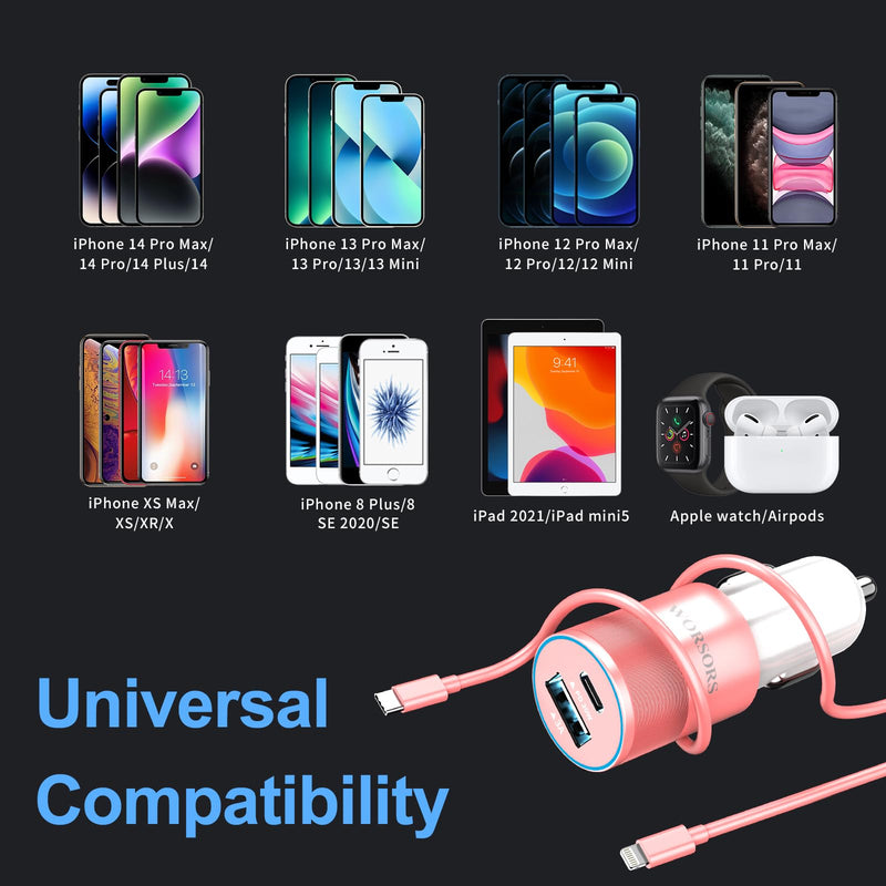 35W USB C Fast Car Charger [Apple MFi Certified] Compatible with iPhone 14 Pro/14 Pro Max/14+/13/12/11/Mini/XS/XR/8, 20W PD3.0 Rapid Charging Adapter + 3Ft Type C to Lightning Cable - Pink Rose Gold