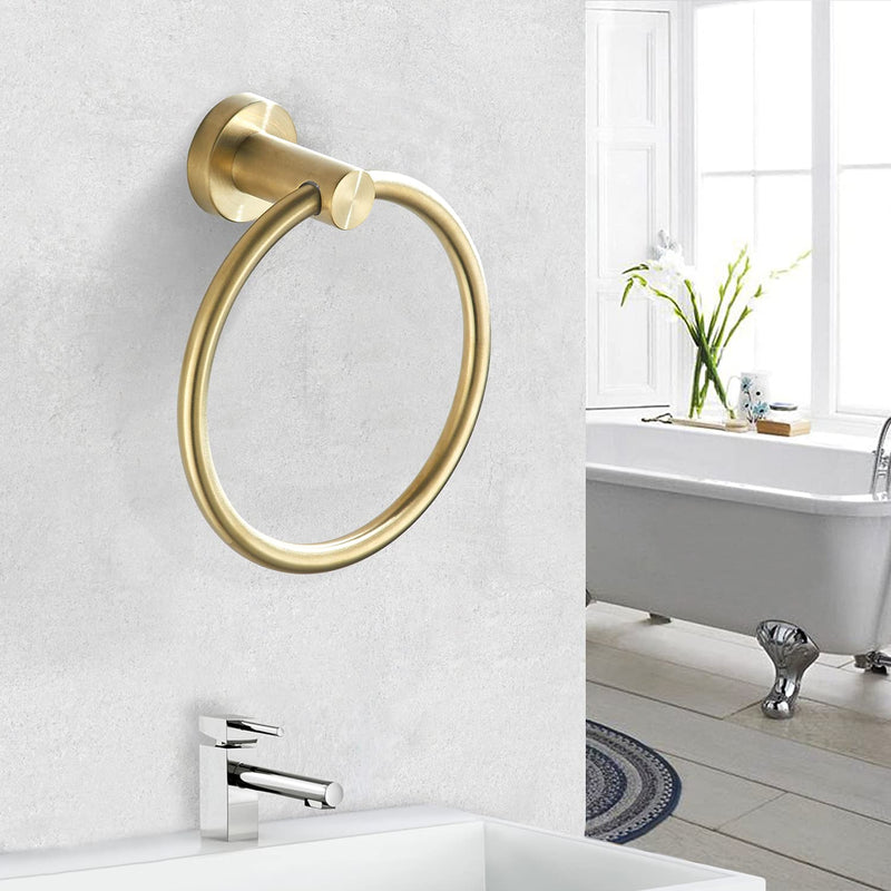 BATHSIR Brushed Gold Toilet Paper Holder & Hand Towel Holder Wall Mount 2 Pieces, Double Post Pivoting Round Modern Bathroom Hardware Towel Ring Toilet Tissue Holder, Bathroom Accessories Set Gold 1