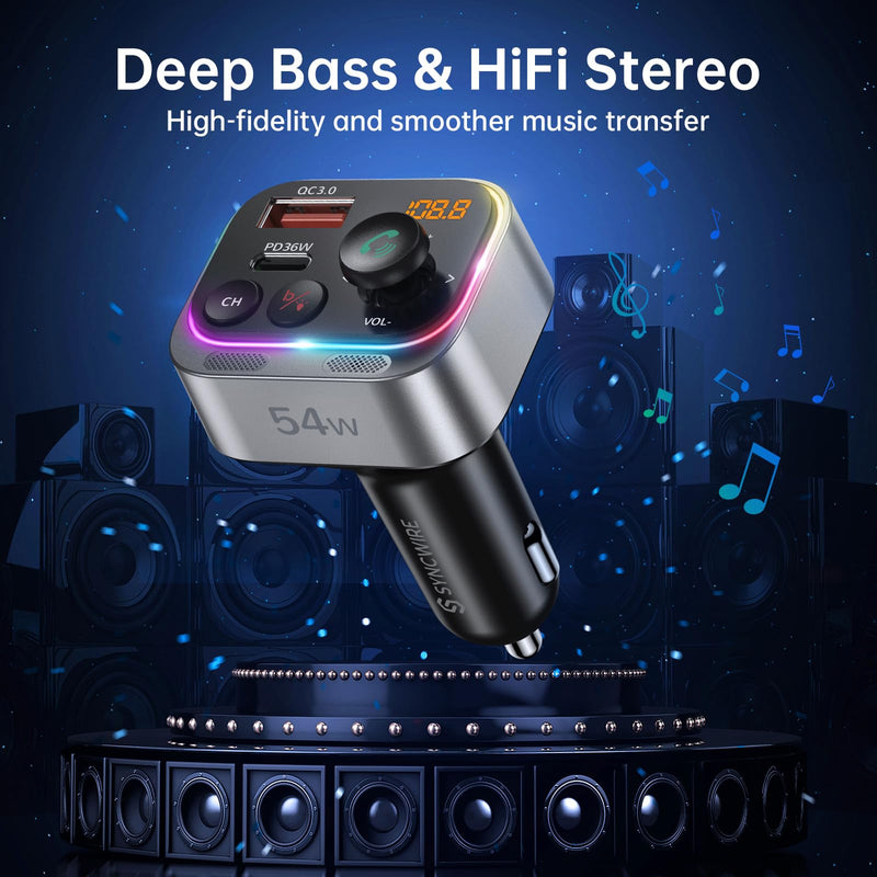 Syncwire Bluetooth 5.4 FM Transmitter Car Adapter 54W (PD 36W & 18W) [Stronger Dual Mics] [Light Switch] [HiFi Bass Sound] [Fast Charging] Wireless Radio Receiver Hands-Free Calling LED Display Silver