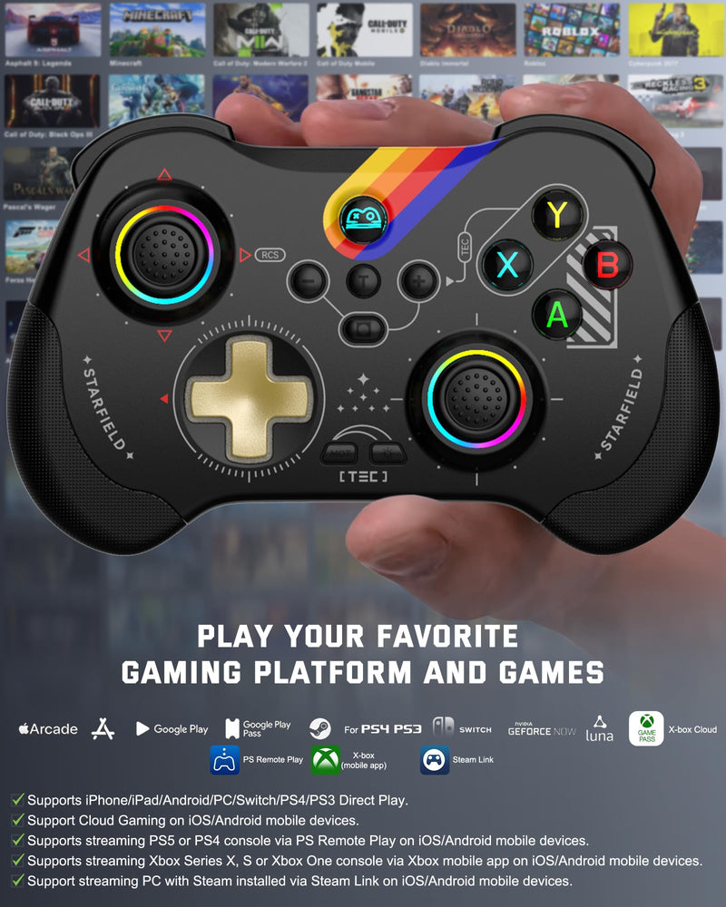 Joso Mobile Gaming Controller for iPad/iPhone/Tablet, Cloud Controller Remote Joystick for iOS/Android, Wireless Switch Controller with Macro Buttons/Hall-Rocker/Hall-Trigger - Starry Star Black