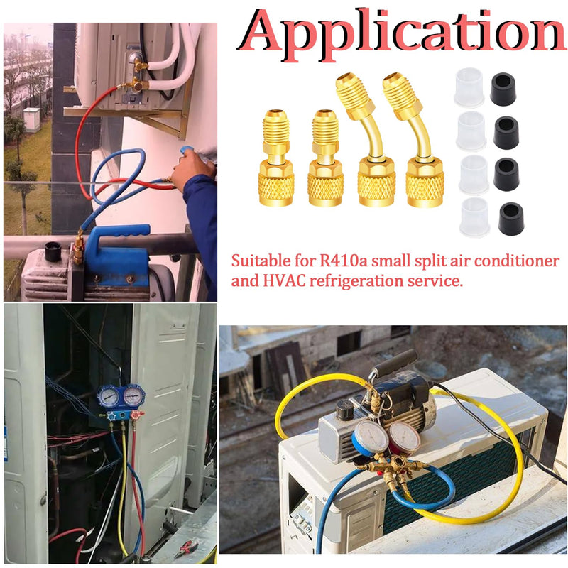 R410a Mini Split Adapter 5/16 Female 1/4 Male Flare Charging Vacuum Port Adapter with 4 Sealing Plugs for Air Conditioners HVAC Refrigeration 2 Straight+2 Angled Adapter 12PCS