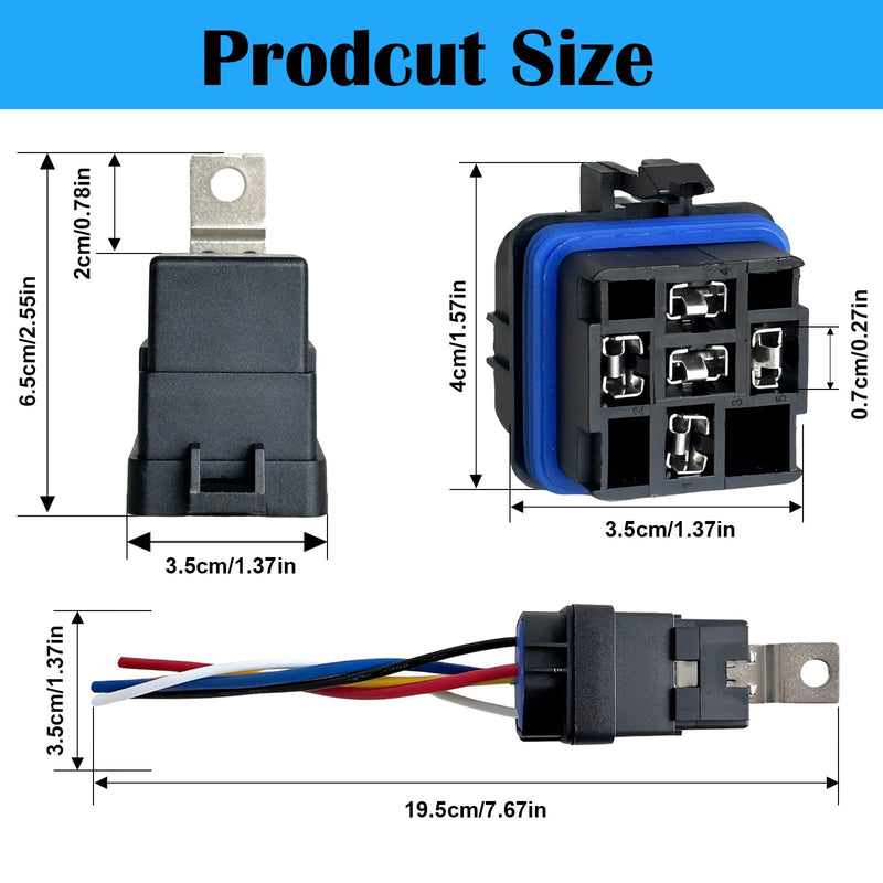 2 Pack Waterproof Relay and Harness Kit 40A 14V DC, 5 Pin SPDT Car Relay with Heavy Duty 14 AWG Copper Wires 2