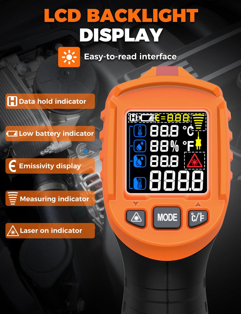 4 in 1 Temperature Gun POROMETISTO 4 Types of Alarm Setting,-58-1472°F Measure Infrared/Ambient Temperature Humidity Infrared Thermometers,Industrial Laser Thermometer Gun with K-Type Probe