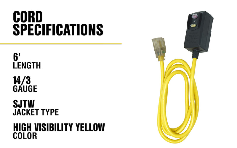 Southwire Woods Cord Ext GFCI 14/3 SJTW - Right Angle Plug - Lighted Receptacle - Durable Outdoor Extension Cord - GFCI Protected - Jobsite Safety - 6-Feet - Yellow