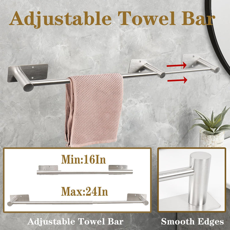 5 Pcs Self Adhesive Bathroom Hardware Set, Stainless Steel Towel Rack Set Include Adjustable 24In Bath Towel Bar+Toilet Paper Holder+3 Towel/Robe Hooks Bathroom Accessory Kit(Brushed Nickel) Brushed Nickel 24 In-5 Pcs