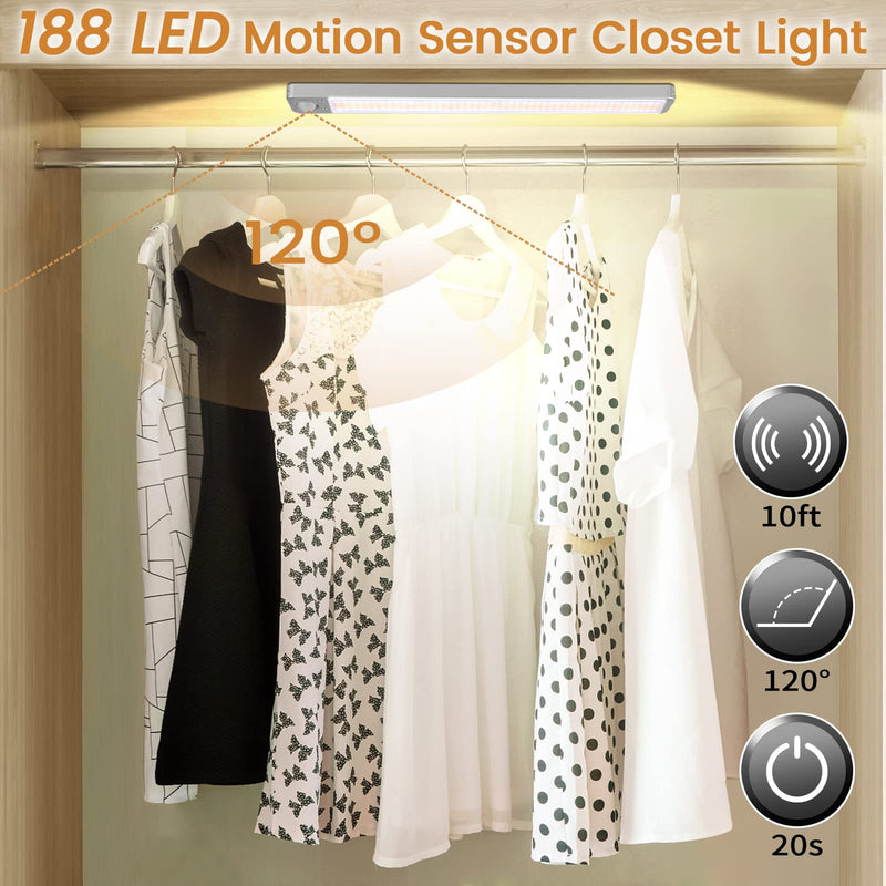Under Cabinet Lights Rechargeable Under Counter Lights for Kitchen, 188 LED Closet Light Motion Sensor Light Indoor, Dimmable Magnetic Under Cabinet Lighting, 2-Pack Silver(2-Pack) 13.58 Inch