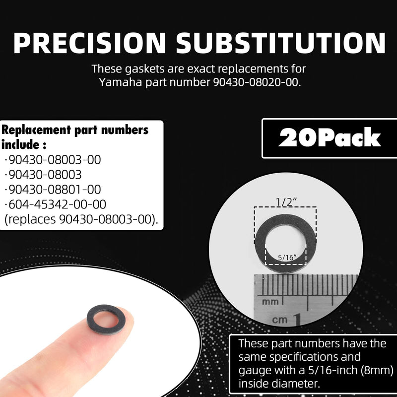 TonGass (20-Pack, Black) Exact Replacement for Yamaha 90430-08020-00 & 90430-08003-00 - Lower Gear Case Oil Drain Gaskets - Japanese Hard Fiberboard Gaskets - Fits for Yamaha 4-Stroke Outboard Motors 20pk-Black