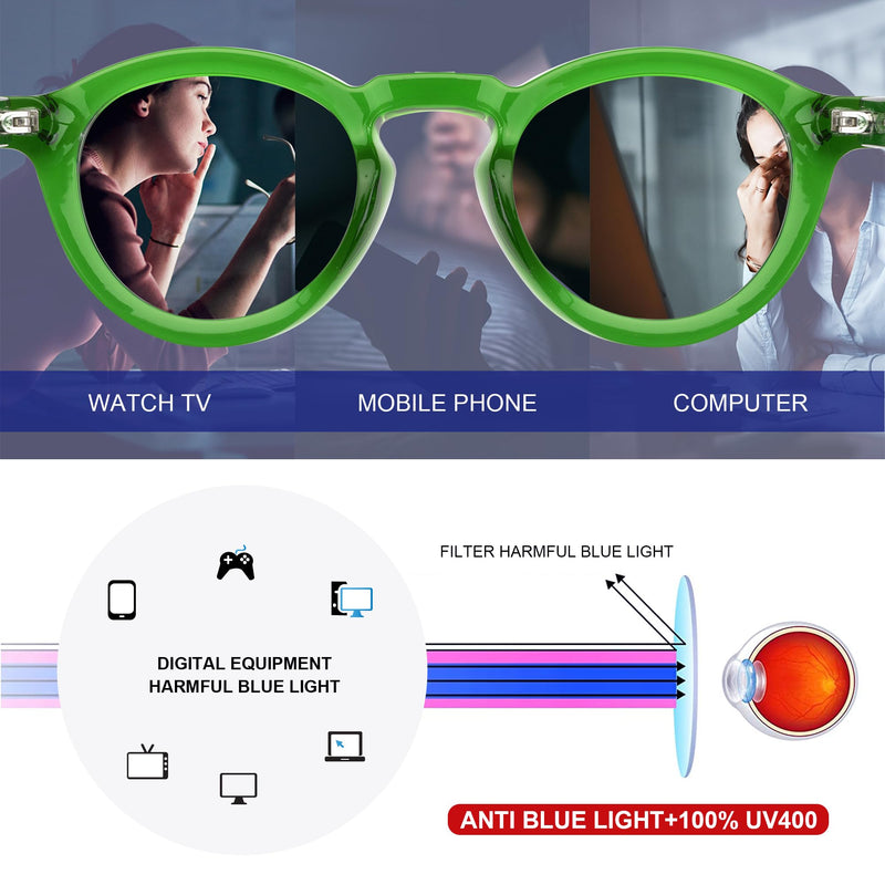 Round Blue Light Blocking Glasses, Retro Computer Gaming Eyeglasses Anti Eyestrain & UV RF6209 Basil Green