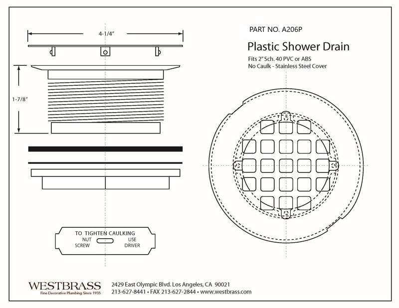 Westbrass A206P-12 2" No-Caulk PVC Compression Shower Drain with 4-1/4" Round Grid Cover, Oil Rubbed Bronze