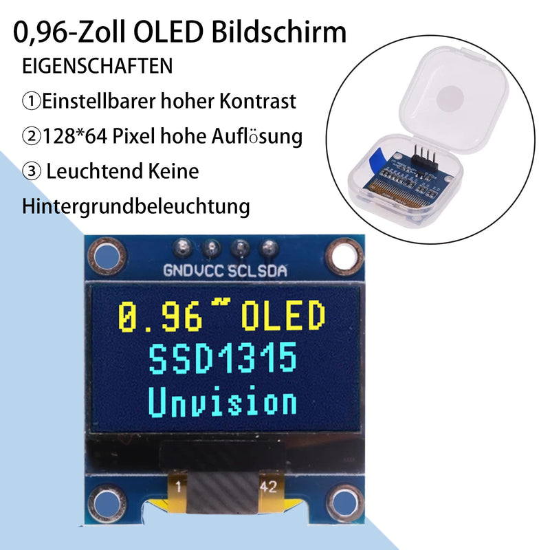 4 x 0.96-inch 128 x 64 pixel OLED LCD displays (yellow and blue) | 1315 chip drive, IIC interface I2C screen display module, compatible with Arduino