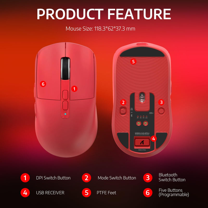 ATTACK SHARK X6 49g Superlight Wireless Gaming Mouse with Magnetic RGB Charging Base, Ultralight Mice PixArt PAW3395 Sensor, 26000DPI, BT/2.4G Wireless/Wired Mouse, 200Hrs Battery for Win/Mac (Red) Red