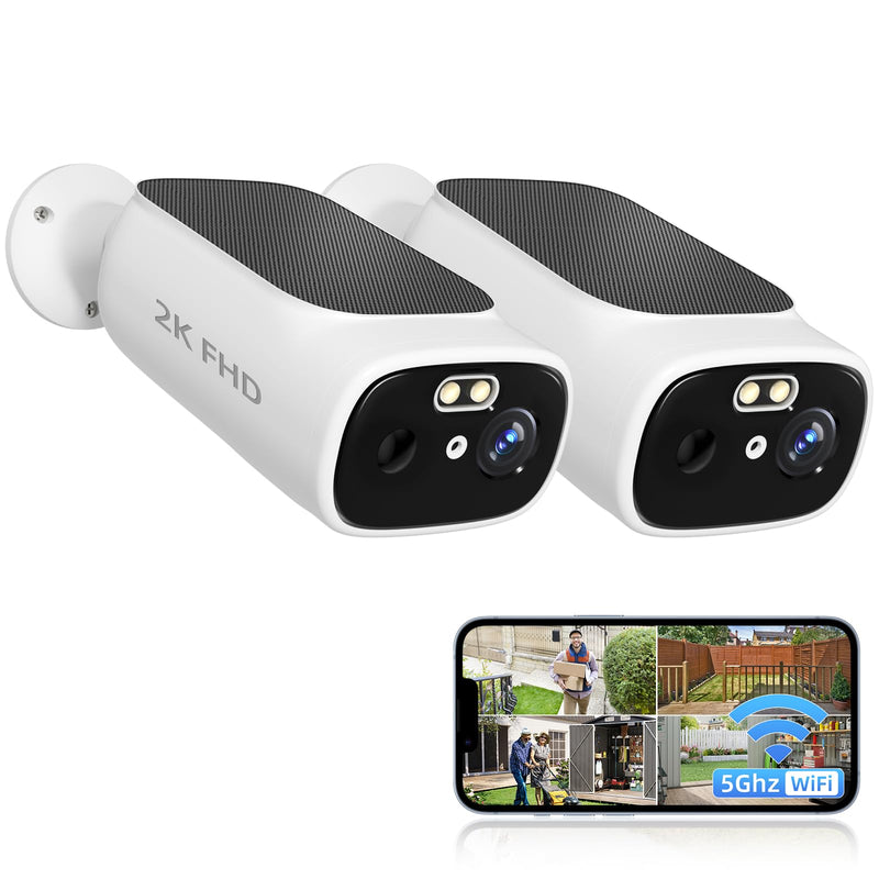 2K Solar Camera Outdoor Wireless, 5/2.4Ghz WiFi Cameras for Home Security, AI Motion Detection, Color Night Vision, Two-Way Audio, Waterproof, Work with Alexa/Google Home, No Monthly Fee(2 Camera) 2-Cam (built-in solar panel
