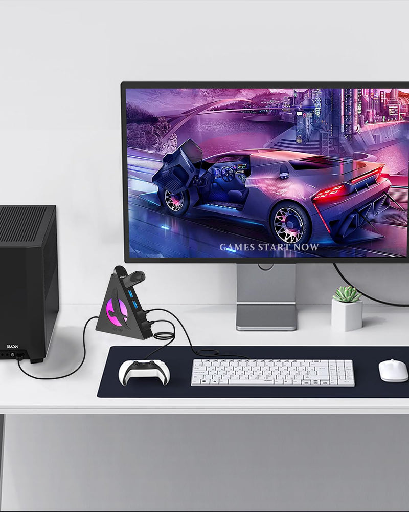 7 Port USB Hub, USB 3.0 Data Hub with 2 ft Long Cable,RGB Night Light,Multi Port Gaming Hub for PC, Laptop, Flash Drive, Keyboard, Mouse, Console, Xbox, PS4/PS5, iMac, Flash Drive, HDD 2ft Eagle Black
