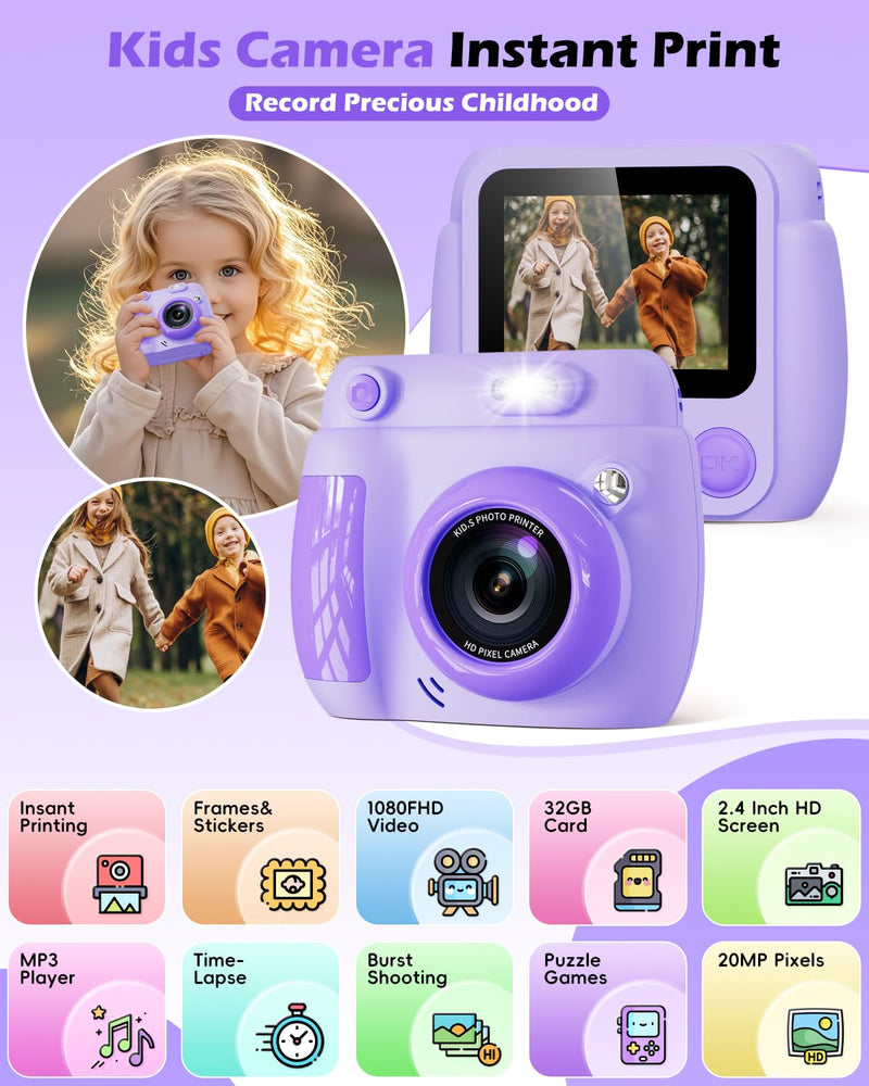 Kids Camera Instant Print, Christmas Birthday Gifts Toys for 3-10 Year Old Boys Girls, 1080P Video 20MP Toddler Digital Camera with 3 Rolls Paper & 32GB Card - Purple