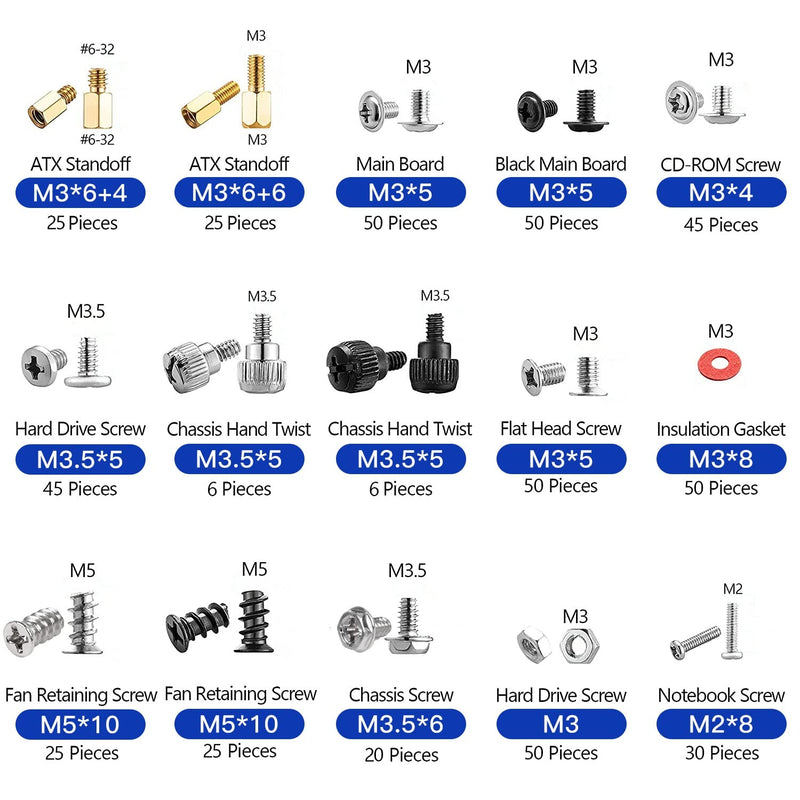 502PC Computer Motherboard Screws Kit, Motherboard Standoffs Screws for Universal HDD Hard Drive, SSD, PC Case, PC Fan, Power Supply, Graphics, CD-ROM, ATX Case, for DIY PC Installation & Repair 502PCS