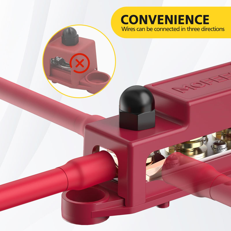 MOFEEZ Power Distribution Block Bus Bar, 4 x 3/8" Post Marine Bus Bar Battery Busbar Terminal Block with Cover, Lugs, Ring Terminals (Pair, Red & Black) 4 x 3/8" with copper lug