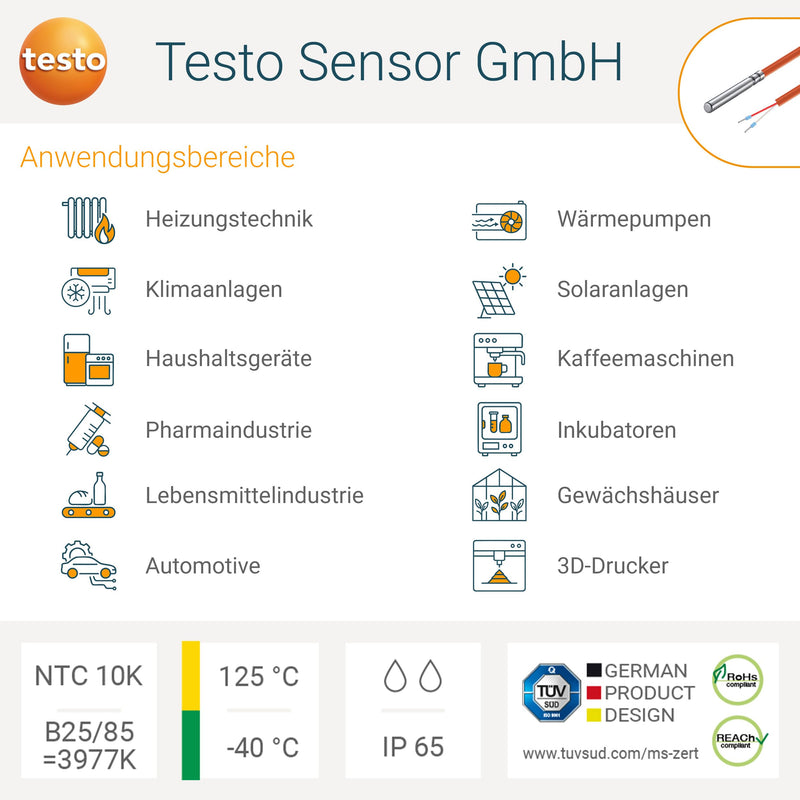 Testo Sensor NTC 10K Cable Sensor 3 m Silicone IP65 +125 °C Solar Heating 3 Meters