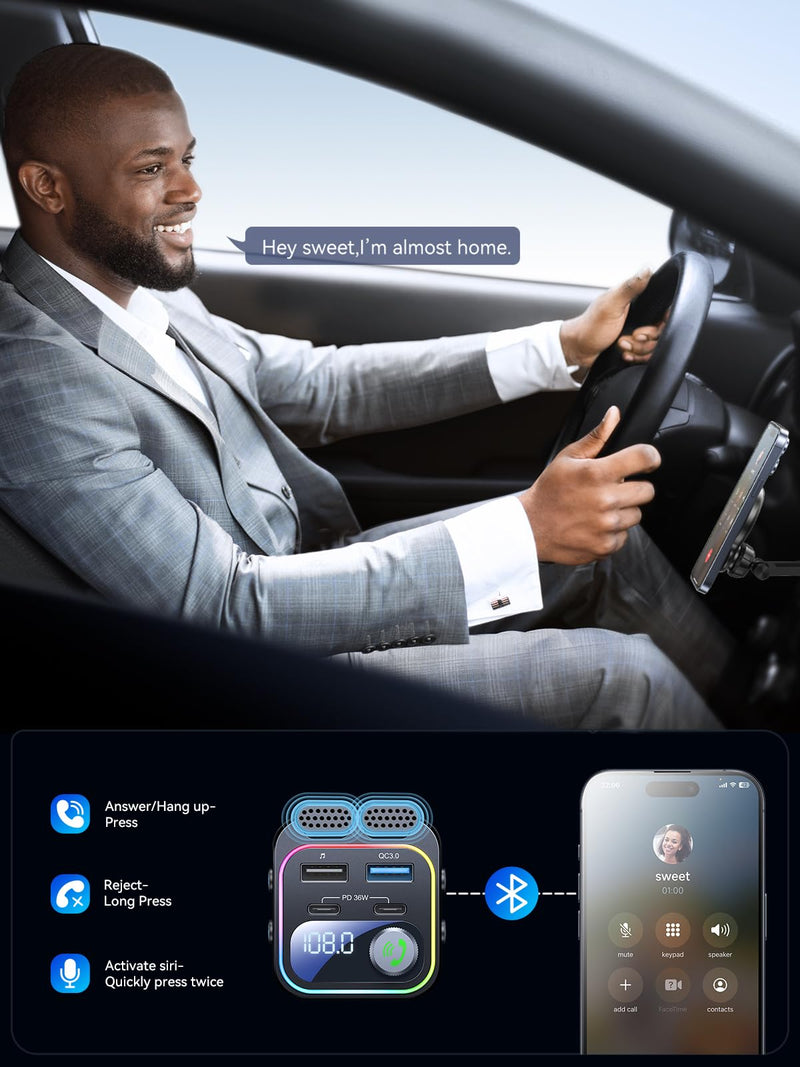 60W Bluetooth 5.4 FM Transmitter Car Adapter [Reinforced Dual Mics & Deep Bass] [Dual PD 60W & QC3.0] Fast Charging Handsfree Calling Wireless Radio Bluetooth Transmitter for Car [Black] Black