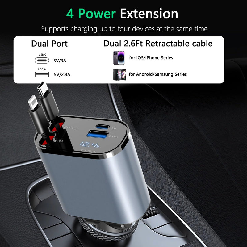 Retractable Car Charger, 4 in 1 Fast Charge Car Phone Charger Adapter 100W, Retractable Cables(2.6ft) for iPhone & Type-C, Cigarette Lighter Adapter for iPhone15/14/13 Pro Max, Galaxy, Pixel