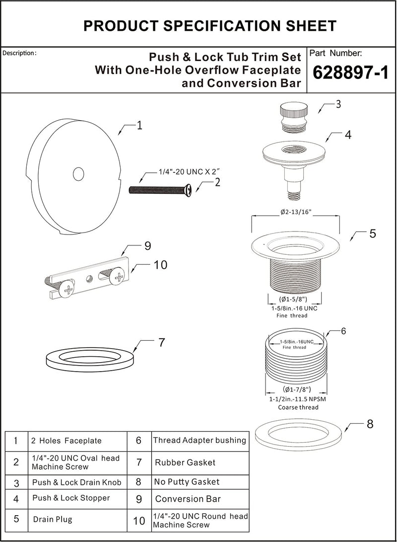 Artiwell Push & Lock Tub Trim Set with Single-Hole Overflow Faceplate, Bathtub Conversion Kit Assembly with Conversion Bar, Universal Fine/Coarse Thread, No Putty Installation (Brushed Gold) Brushed Gold