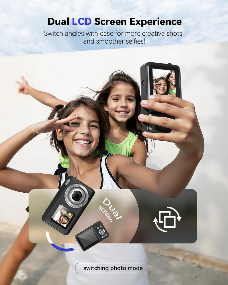 Digital Camera, Real 2.7K Dual-Screen Digital Camera for Photography Auto-Focus Vlogging Camera for YouTube Video 16x Zoom 32GB SD Card Anti Shake Compact Camera for Student Teen Boys Girls Kids Black