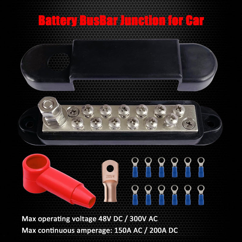 1/4" Stud & 12 x #8 Terminal Screws Ground Distribution Block Bus Bar Kit, Ampper 5.3" 12V Nickle Plated Brass Battery BusBar Junction W/Cover for Auto Boat Solar and More (Black) Black Plated Brass Kit
