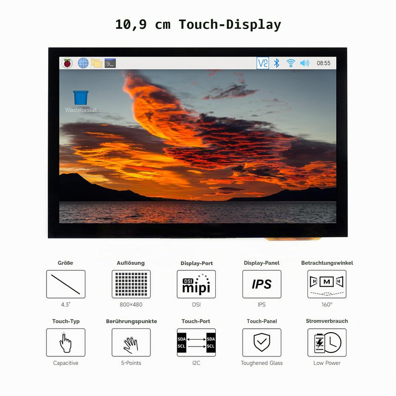 Waveshare 4.3 inch LCD Capacitive Touch Display for Raspberry Pi 5/4B/3B+/3A+/3B/2B/B+/A+ 800 × 480 IPS Wide Angle MIPI DSI Interface Screen 4.3 Inch Mini Screen 4.3inch DSI LCD