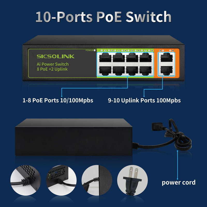 8 Ports PoE+ Ethernet Switch 2 Uplink 802.3af/at 120W Total Power 100Mbps Network Hub 20 Gbps Switch Capacity Unmanaged PoE Switch Suitable for IP Cameras Home & Office. 8*POE+2*FE