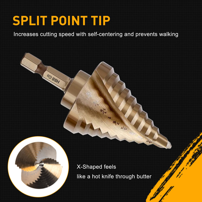6PC Cobalt Step Drill Bit Set, Hex Shank Step Drill with Two Spiral Flutes and Automatic Center Punch for Metal, Stainless Steel, Aluminum, Wood, and Plastic with Aluminum Case, 50 Sizes M35-6PC