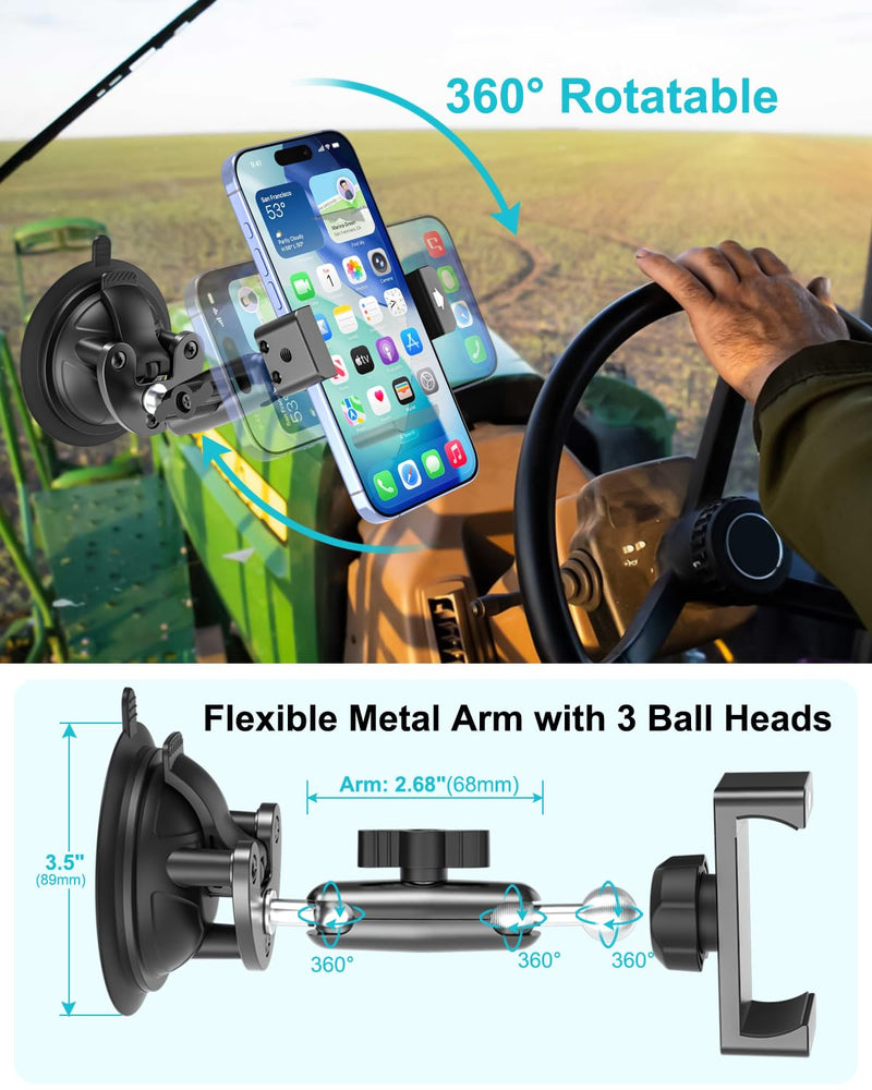 Tractor Phone Mount, [Metal Arm & Clip] Super Suction Cup Cell Phone Holder for Tractor Cab, Windshield Phone Stand for Heavy Duty Equipment, Excavator, Fits iPhone 16 15 14, Galaxy, 4-7" Phone