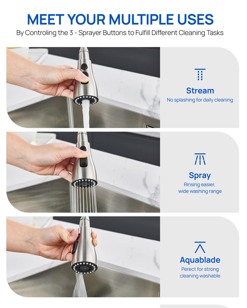 Metal Kitchen Faucet Head Replacement – 3 Mode High-Pressure Sink Sprayer Replacement with 15 Nozzle Adapters, Durable Pull Down Spray Head for Kitchen Sink (Stream/Spray/Blade), Stainless Steel Brushed Nickel