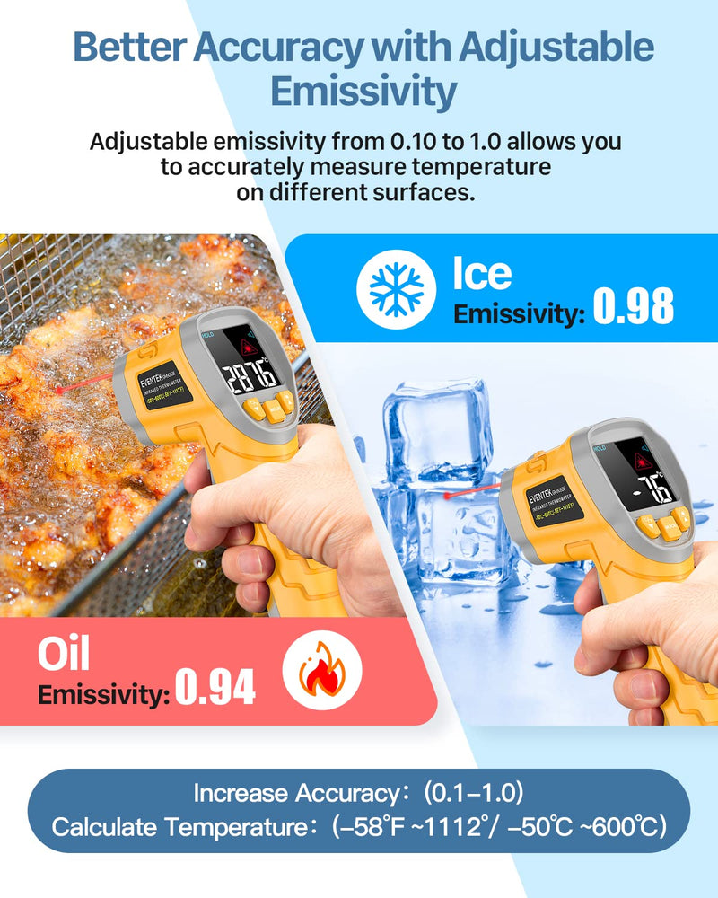 Eventek Infrared Thermometer, -50°C ~ 600°C Temperature Meter, 0.1-1.0 Adjustable Emissivity Laser Thermometer, Colored HD Screen Thermometer for Kitchen, Pizza, Cooling, Industry yellow