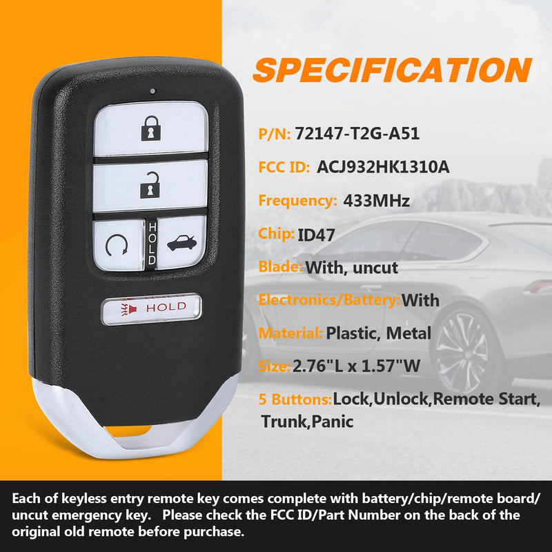 Smart Key Fob Keyless Prox Remote for Honda Accord 2016 2017 2018 ACJ932HK1310A 72147-T2G-A51 433MHz 5 Buttons