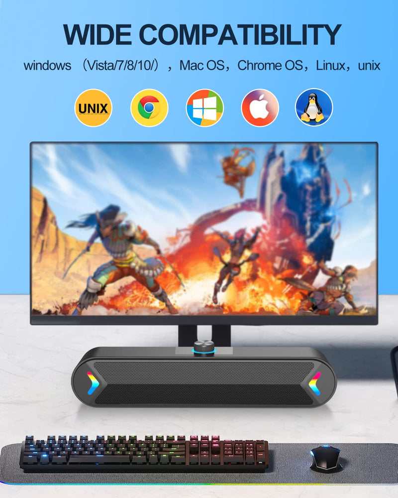 LENRUE Computer Speakers for Desktop, 10W PC Speakers for Desktop/Laptop/Tablet/Monitor, Single-Wired USB Soundbar Speaker,Plug-n-Play,No Sound Delay(Black-USB) Black-USB