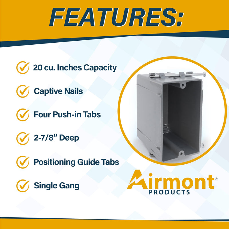 (Pack of 16) Plastic Electrical Box, Grey Outlet Box, Single Gang New Work Junction Box, Captive Nails, 20 cu. Inches, Length 3-5/8'', Width 2-1/8'', Depth 3-1/4''