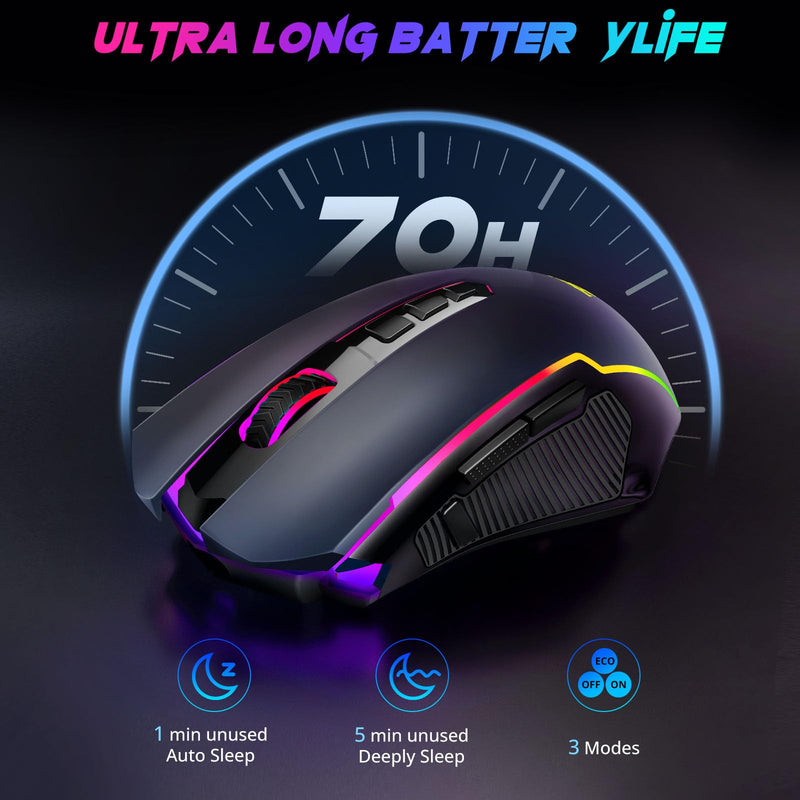 Redragon Gaming Mouse, Wireless Mouse Gaming with 8000 DPI, PC Gaming Mice with Fire Button, RGB Backlit Programmable Ergonomic Mouse Gamer, Rechargeable, 70Hrs for Windows, Mac Gamer, Black 2.4G/ Wired