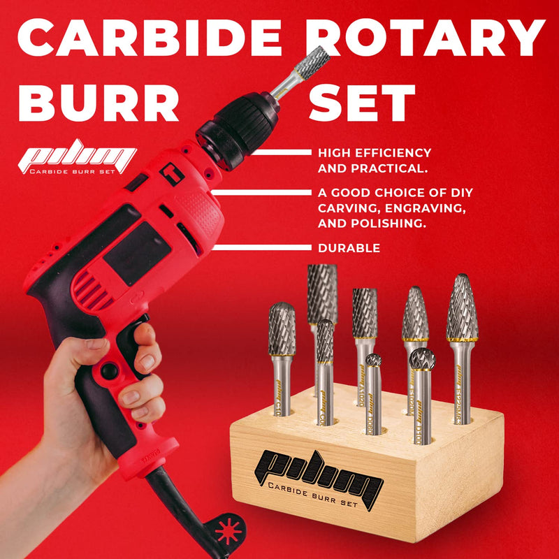 Tungsten Carbide Burr Set 1/4" Shank 8PC Double Cut Rotary Cutting Burrs Die Grinder Bits for Steel and Wood Working, Grinding, Carving, and Engraving Set 8 - 1/4 Shank