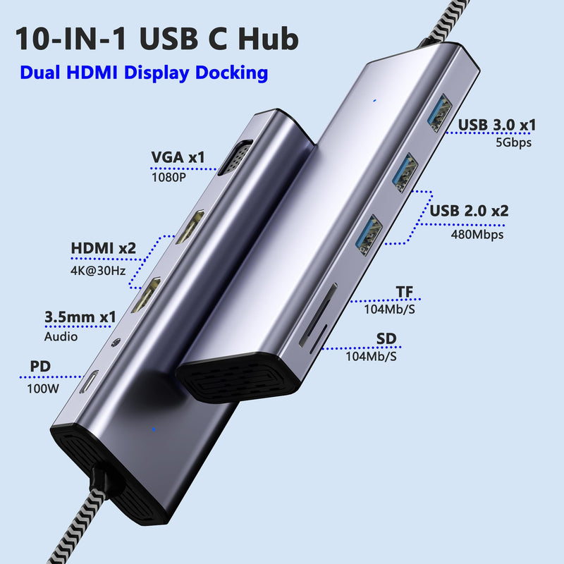 USB C Docking Station Dual Monitor, USB C to Dual HDMI Adapter, 10 in 1 Docking Station 3 Monitors with HDMI/VGA/PD/USB/SD/TF/3.5mm Audio, Compatible with Dell, HP, Lenovo