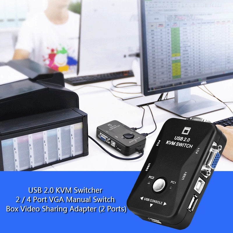 USB 2.0 KVM VGA Switcher, 2/4 Port VGA Manual Switch Box Adapter Video Sharing Adapter 1920 KVM Switch for PCs, Keyboard, Mouse, Monitor(2 Ports) 2 ports
