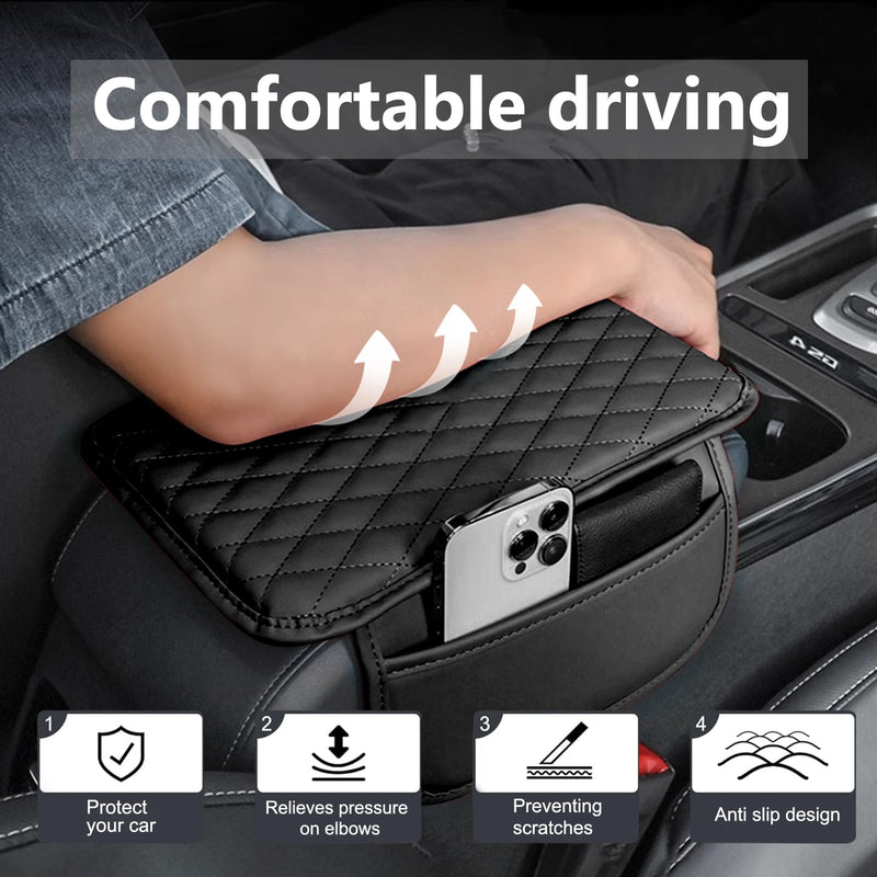 Car Center Console Cover Leather Armrest Cover Cushion with 2 Storage Bags Universal Car Armrest Seat Box Pad Car Interior Accessories Protector for Most Vehicle (Black line) black line