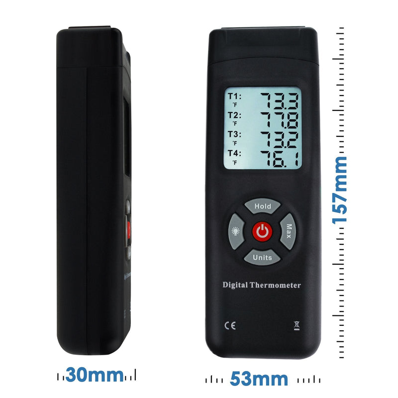 Thermometer 4 Channels K-Type Thermocouple Sensor Tester with K-Type Metal Probe, Backlight and Temperature Instrument
