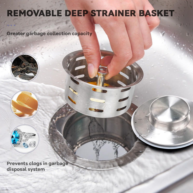 KONE Extended Garbage Disposal Flange with Strainer and Stopper, Deep 304 Stainless Steel Kitchen Extended Sink Flange for 3-1/2 Inch Standard Sink Drain, Convenient for Water Storage and Drainage Silver