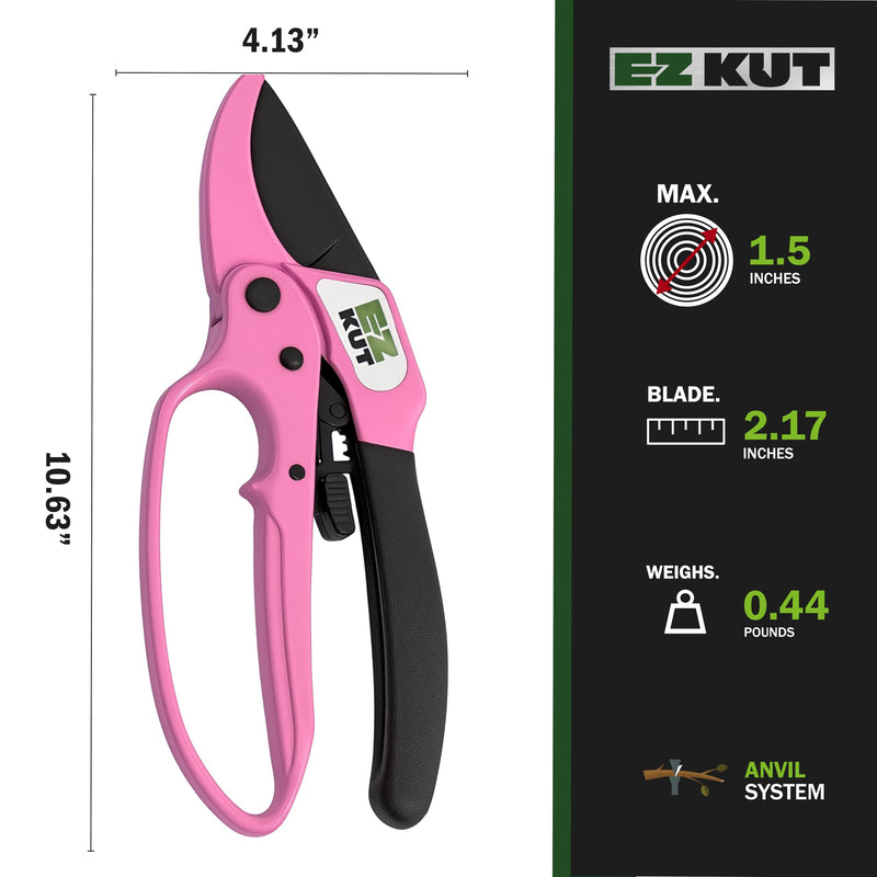 EZ Kut Heavy Duty Pruners Ratchet Hand Pruner with Ratcheting Action Great Garden Hand Tool Clippers Gardening pruners arthritis tools Ratcheting Anvil Hand Pruner Pruning Shears Heavy Duty Since 1988 3130PNK
