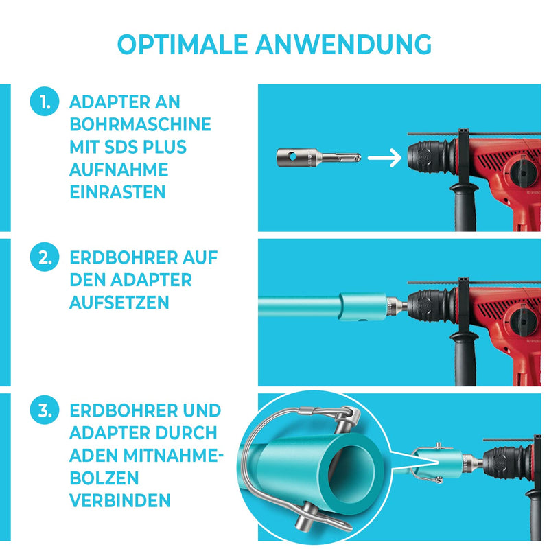 BRUNNENTAL ® SDS PLUS earth drill adapter + quick change bolt for hand drill - use your hammer drill as a well drill - earth hole drill adapter for drills with Ø 40 60 80 100 120 150 mm SDS Plus earth drill adapter + quick change