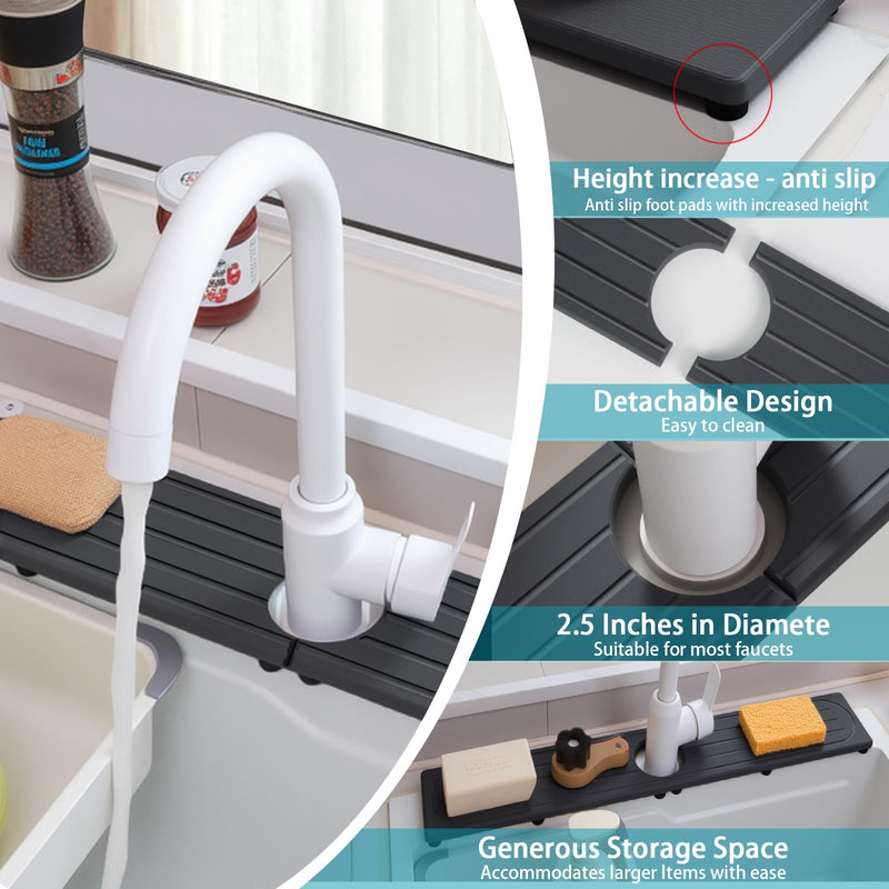 Stone Faucet Mat for Kitchen Sink with Raised Feet, Sink Mat for Kitchen Faucet, Water Absorbent Diatomite Stones Sinks Tray, Sink Splash Guard & Protectors, Stone Drying Tray for Bathroom Counter 23.7" x 4" Dark Gray Style 1