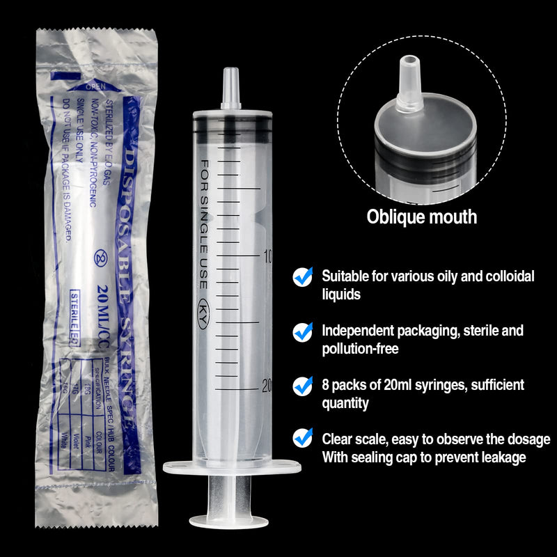 20 ml syringes 8 packs, slanted mouth plastic syringe, disposable syringes with cap, individually packaged sterile syringes for animal feeding, liquid measurement syringes for lab cosmetics motor oil