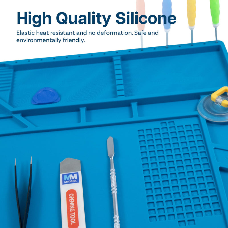 MMOBIEL silicone repair and soldering mat - 55 x 35 cm - silicone mat heat-resistant up to 500°C - workbench mat for soldering work, cell phone, computer and electronics repairs - silicone soldering mat - blue
