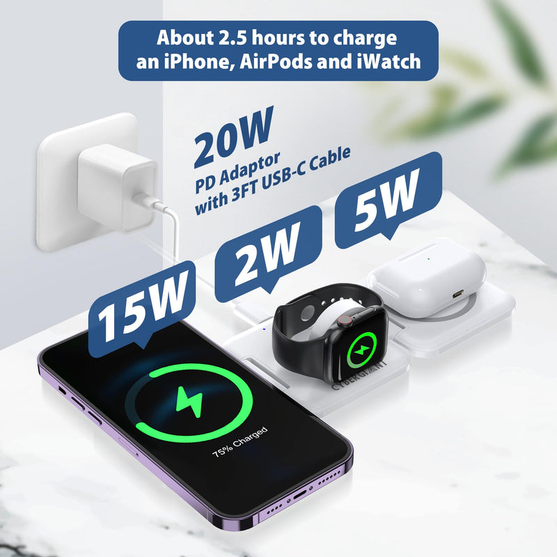 3 in 1 Wireless Charging Station for Apple Devices - Portable Foldable Magnetic Charger Stand for iPhone Airpods Apple Watch iWatch, Travel Charger for Multiple Devices w/Adaptor&Case