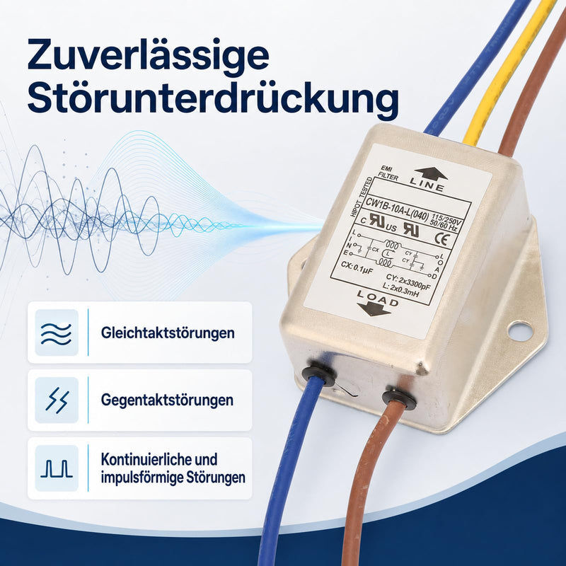 Jadeshay EMI Filter, CW1B-10A-L(040) Single-Phase Filter EMI Mains Filter 125/250V | High performance, for suppressing continuous and intermittent pulse interference
